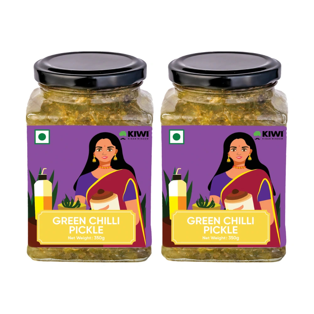 A jar of Green Chilli Pickle, showcasing vibrant green chillies submerged in oil, with a rustic label.