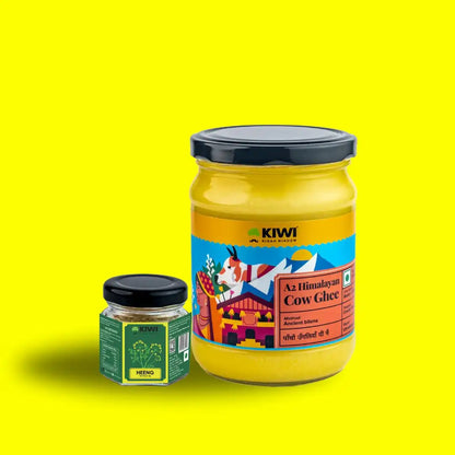 Gut Health Combo: Ghee and Heeng in clear jars, showcasing their natural colors and textures.