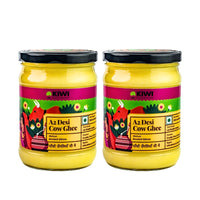Golden A2 Desi Cow Ghee in a clear glass jar, showcasing its pure, rich texture.