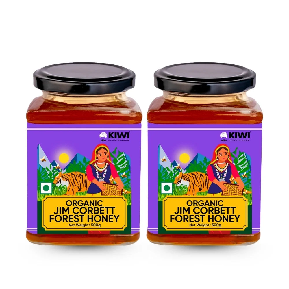 Jar of Organic Jim Corbett Forest Honey, showing golden honey with a clear glass jar and a rustic label.