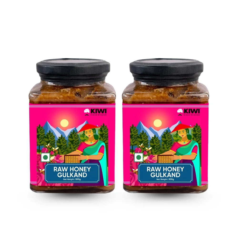 Jar of Rose Honey Gulkand (Damas Rose) with rose petals and honey visible.