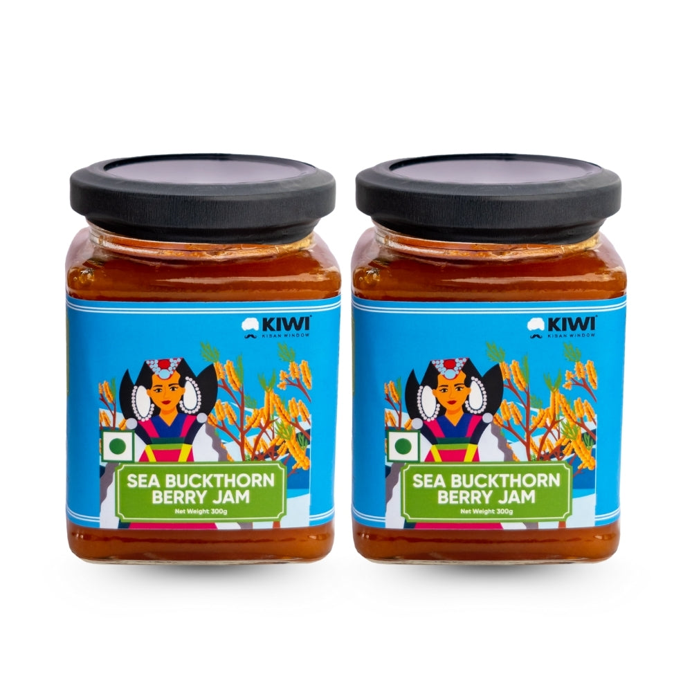 Jar of bright orange Sea Buckthorn Jam, showing its vibrant, textured fruit pulp.