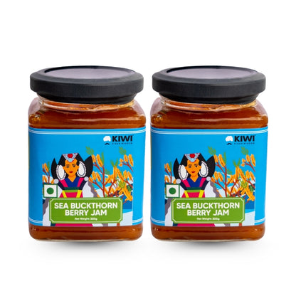 Jar of bright orange Sea Buckthorn Jam, showing its vibrant, textured fruit pulp.