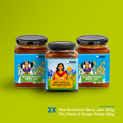 Sweet & Spicy Wellness Duo (1 Dry Dates Ginger Pickle + 2 Sea Buckthorn Berry Jam)