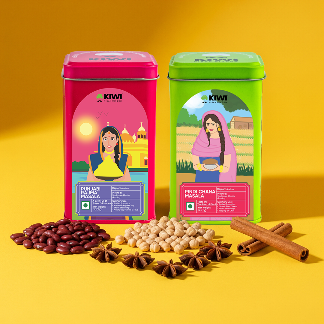 Two colorful Kiwi brand spice tins on a yellow background with spices in front.