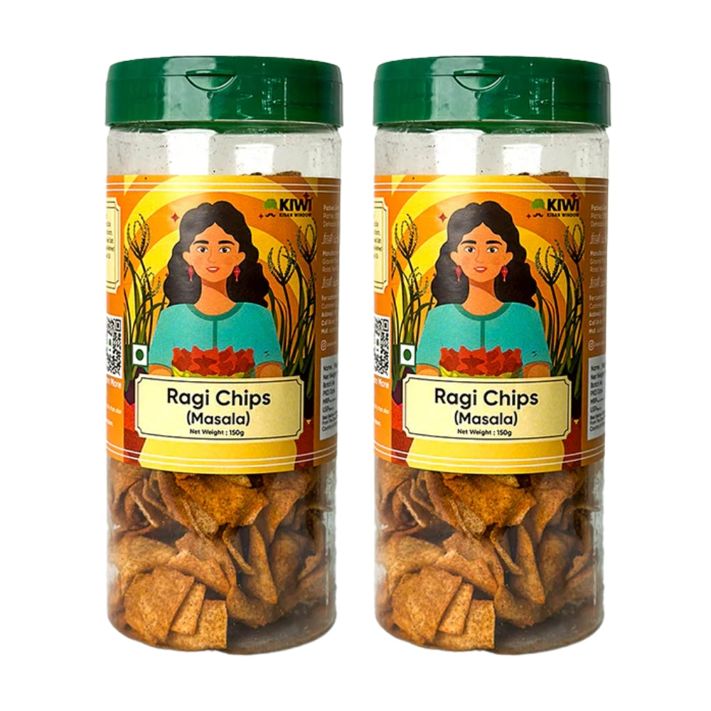 Crispy masala ragi chips in a clear bag, showcasing the savory snack. Ragi Chips Masala.