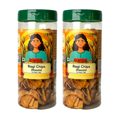 Crispy masala ragi chips in a clear bag, showcasing the savory snack. Ragi Chips Masala.