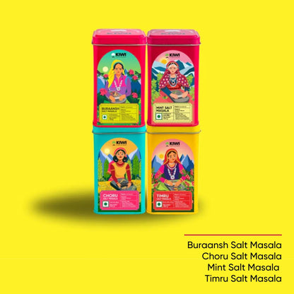 Himalayan Seasoning Blends: Assortment of colorful spice jars and bags with Himalayan pink salt.