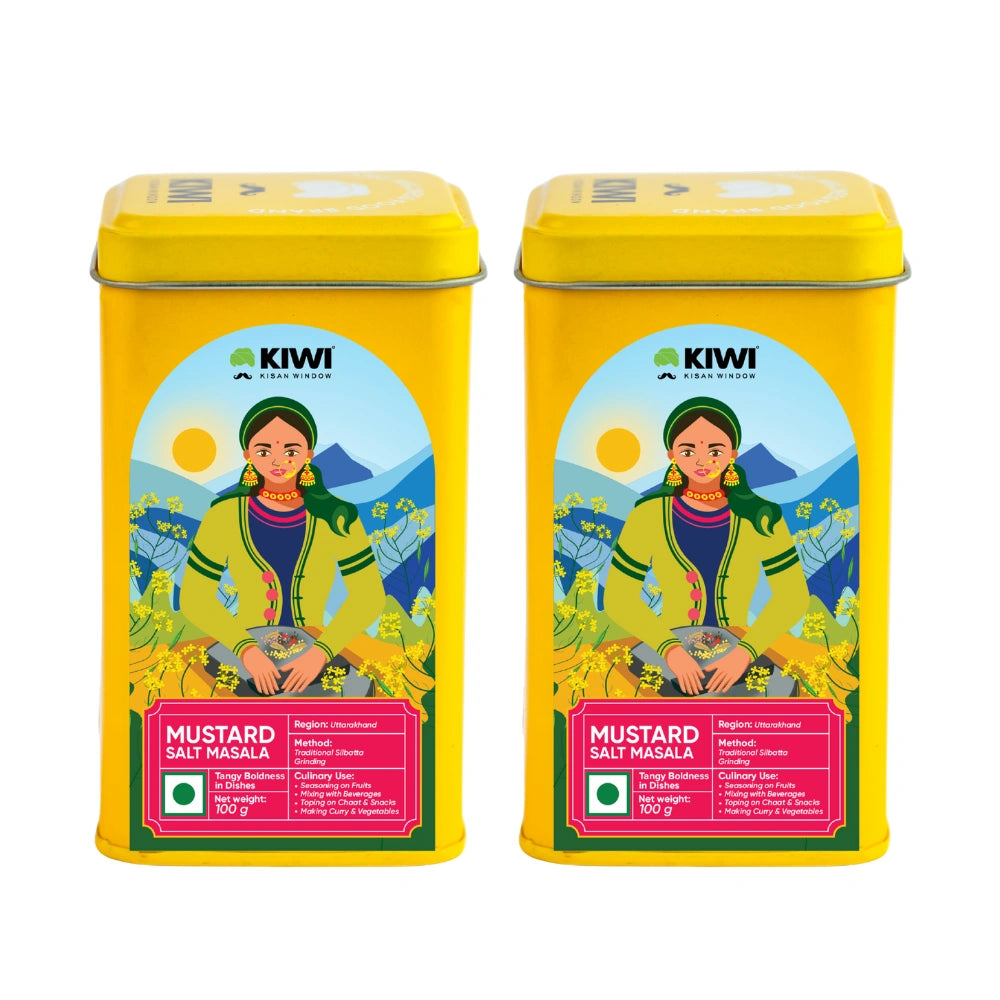 A jar of Mustard Masala Seasoning with a red and yellow label, featuring whole mustard seeds and spices.