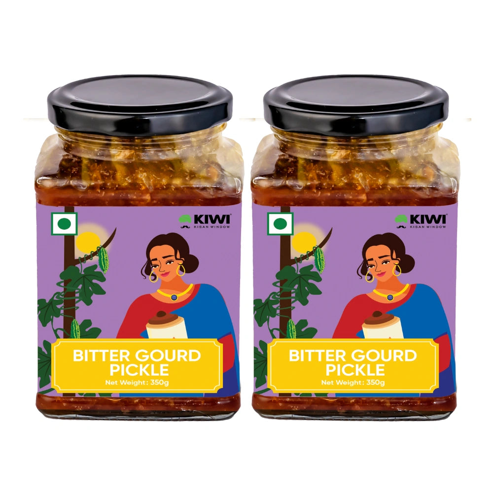 Jar of Karela Pickle (Bitter Gourd) with visible gourd pieces in a spicy brine.