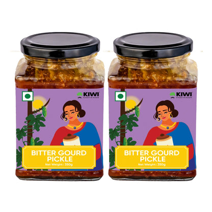 Jar of Karela Pickle (Bitter Gourd) with visible gourd pieces in a spicy brine.