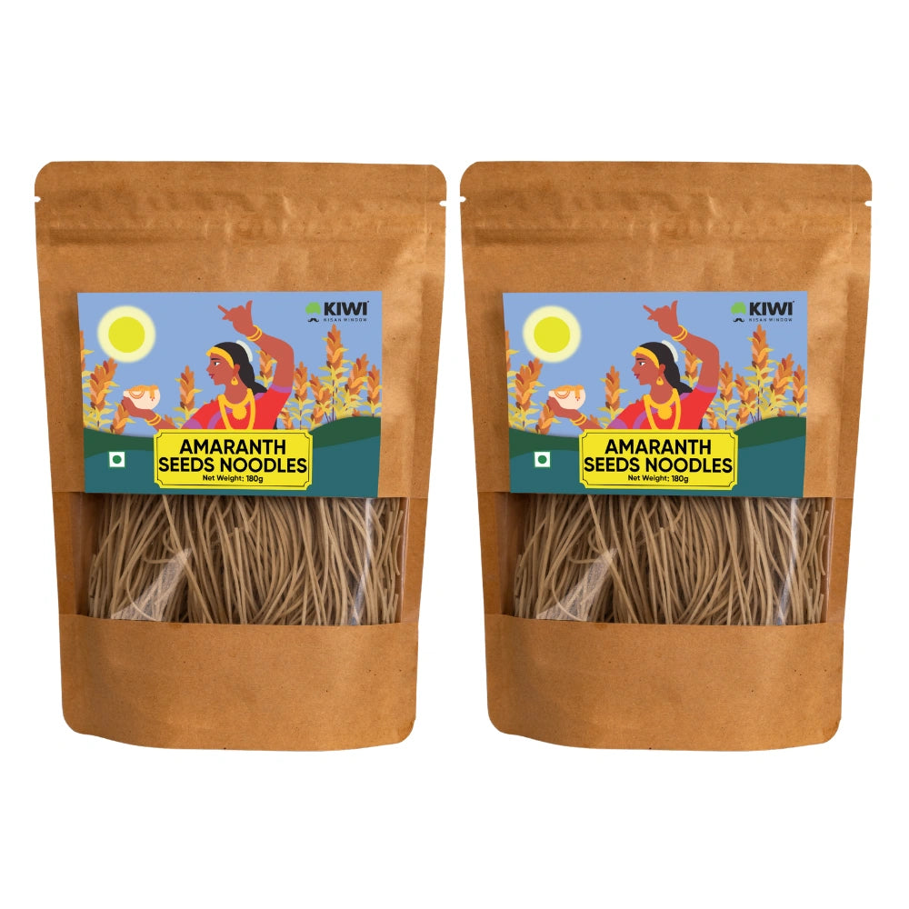 Amaranth Seed Noodles in a clear plastic package, showcasing the thin, light brown noodles.