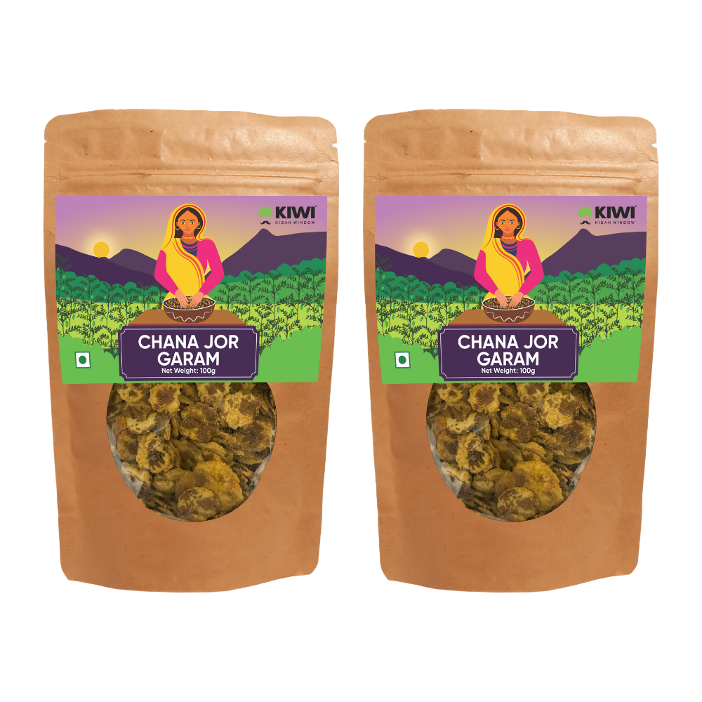 A colorful bag of Channa Jor Garam, a spicy chickpea snack, with the product name clearly visible.