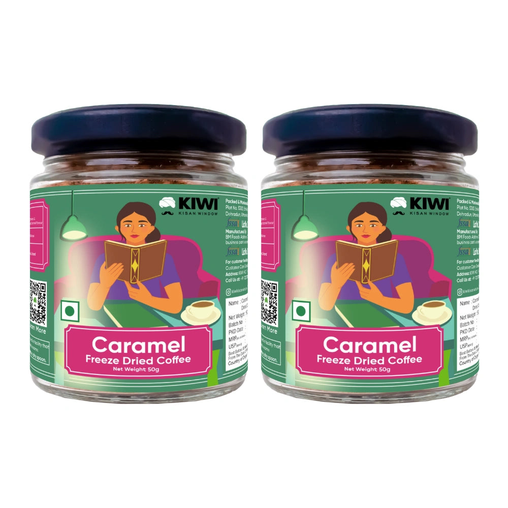 Caramel Freeze Dried Coffee in a clear bag, showing the coffee crystals and a caramel swirl design.