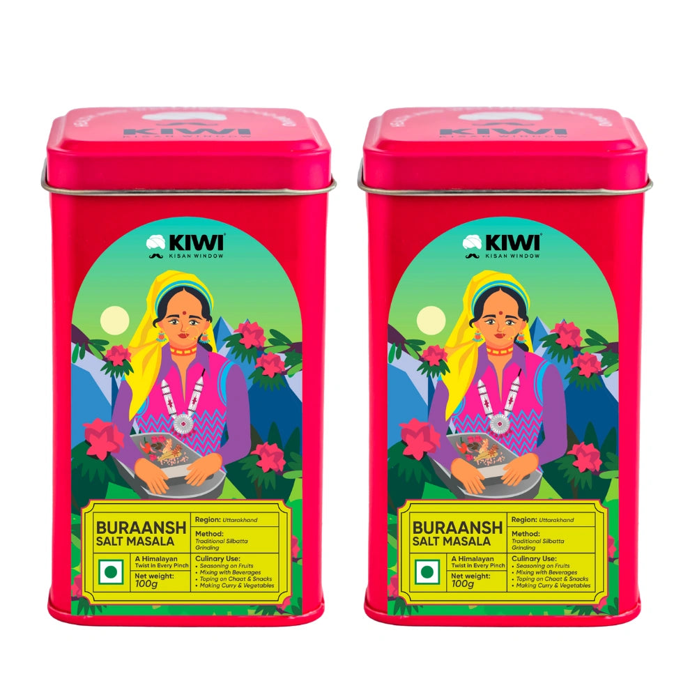 A jar of Buraansh Masala Seasoning with a wooden spoon, showcasing its vibrant red spices.