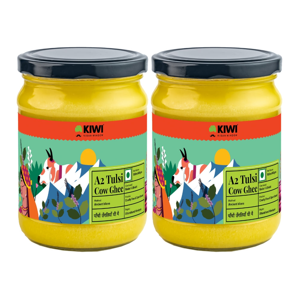 A jar of Tulsi Cow Ghee with a golden lid, showcasing the rich, yellow ghee inside.