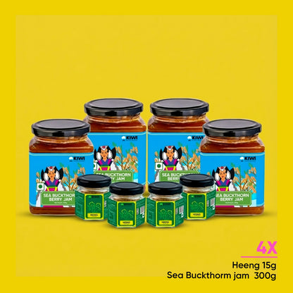 Heeng and Seabuckthorn Bundle: two bottles of dark liquid, one with a yellow label, the other with a blue label.