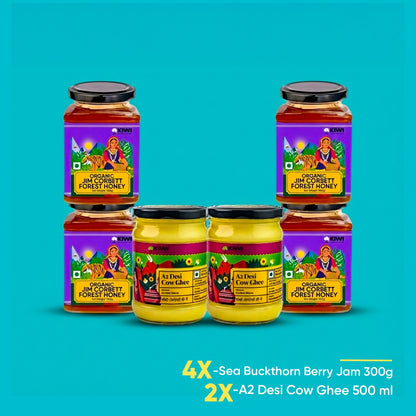 Jim Corbett Honey and A2 Desi Cow Ghee Bundle: Jars of golden honey and rich ghee.