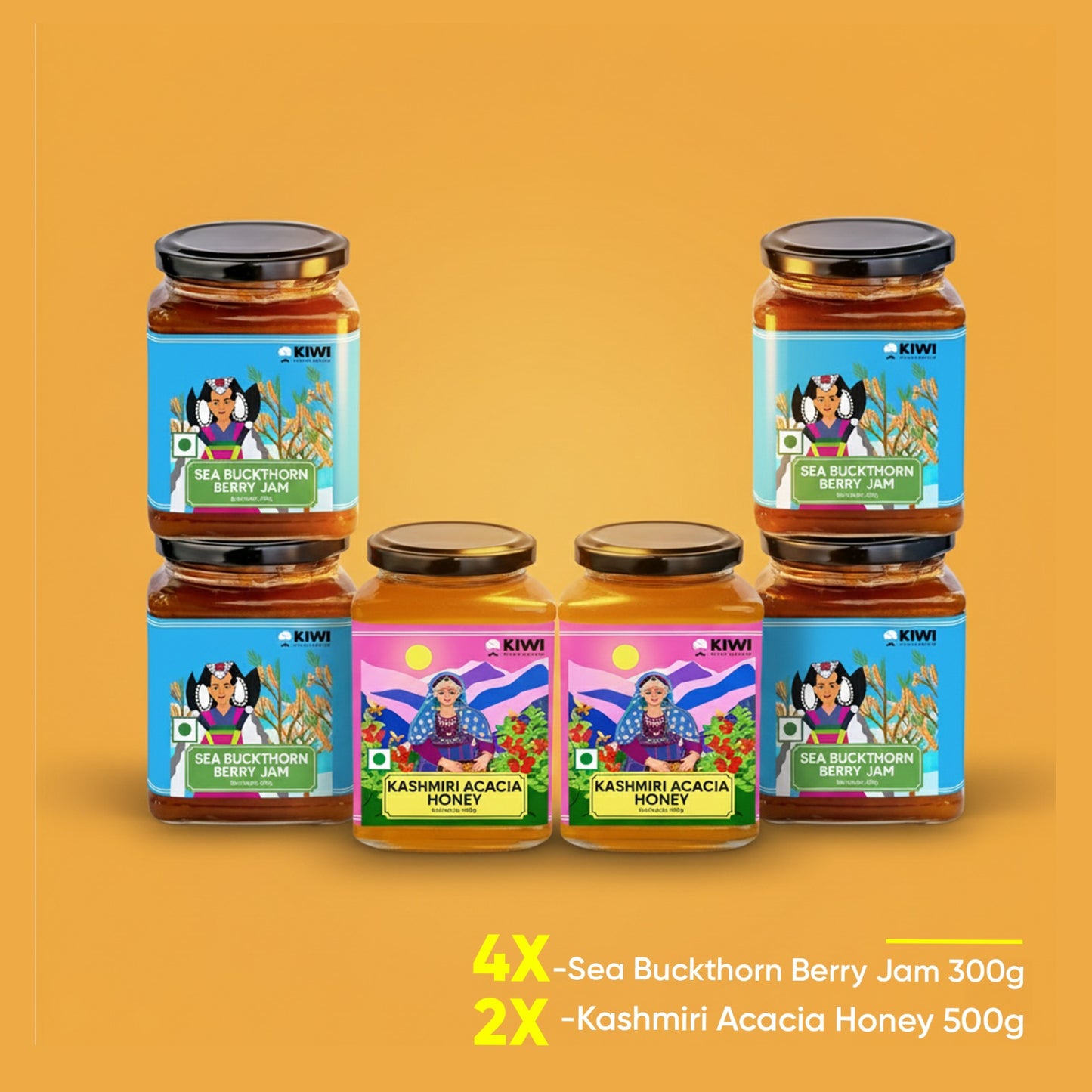 Acacia Honey and Seabuckthorn Bundle: Jars of honey and seabuckthorn berries in a gift set.