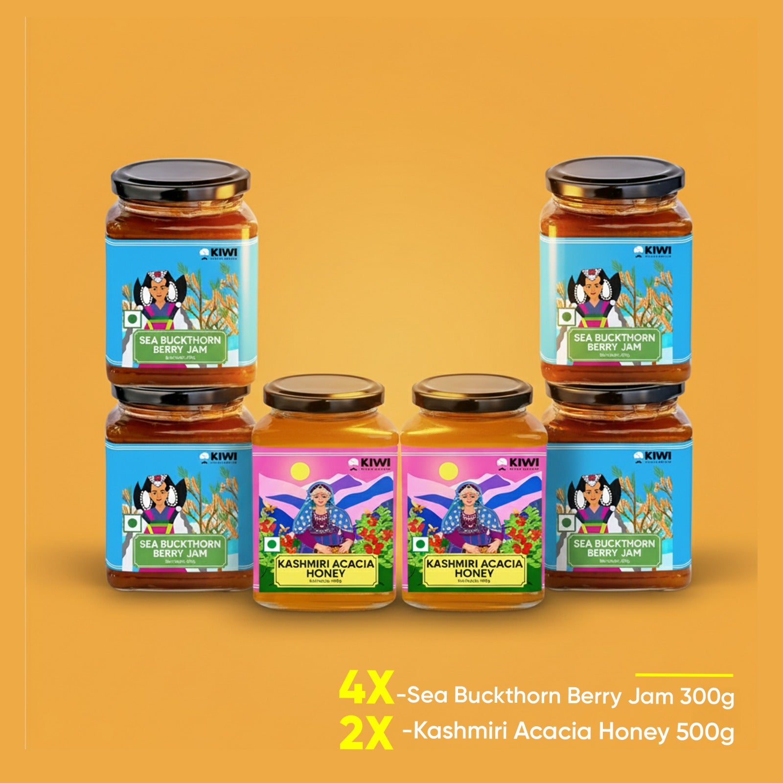 Acacia Honey and Seabuckthorn Bundle: Jars of honey and seabuckthorn berries in a gift set.