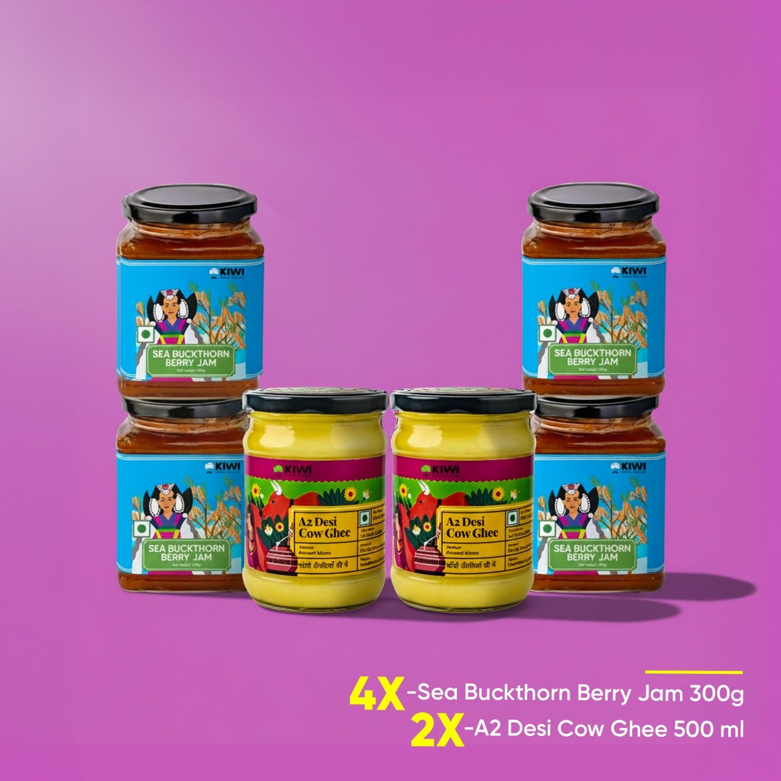 A2 Desi Cow Ghee and Seabuckthorn Bundle: two glass jars of golden ghee and a small bottle of orange seabuckthorn oil.