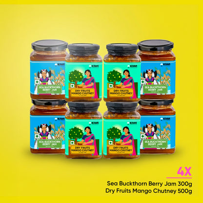 Seabuckthorn and Dry Fruits Mango Chutney Bundle in glass jars with vibrant mango chutney and visible fruit pieces.